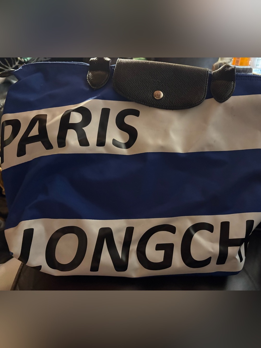 Rare Longchamp Blue and White Striped Logo Tote